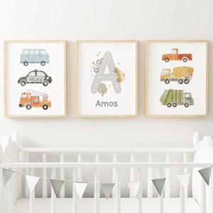 Personalized Transport Nursery Prints. Custom Name prints, boy room trucks and cars custom name prints Trucks decor Set of 3 CR1-A1 image 4