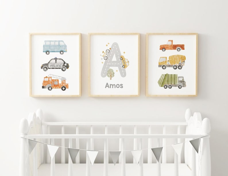 Personalized Transport Nursery Prints. Custom Name prints, boy room trucks and cars custom name prints Trucks decor Set of 3 CR1-A1 image 4