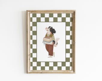 Cuadro decorativo infantil con diseño de perro lector. Arte de cachorros lectores. Cuadro a cuadros verde salvia. Rincón de lectura para niños. Rincón de cuentos para la hora de jugar. Arte XCRE8-A1
