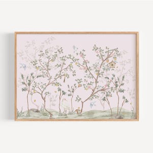 The image is a framed print depicting a serene landscape with trees, flowers, and birds in a natural setting.