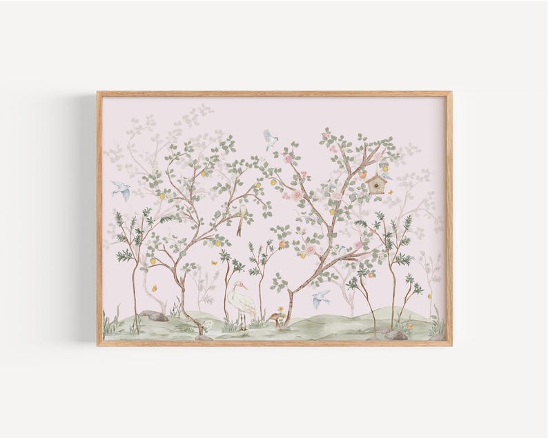 The image is a framed print depicting a serene landscape with trees, flowers, and birds in a natural setting.