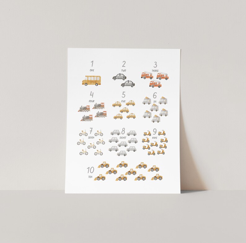 Vehicles With Numbers Car and Truck Numbersprinted Art Print Cars Alphabet Printed and ...