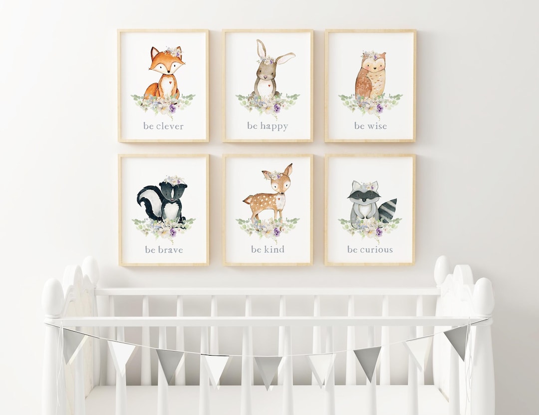 Woodland Nursery Wall Art PRINTED Set of 6 Woodland Nursery Pastel Art ...