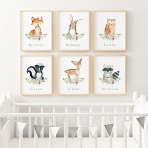 Woodland Nursery Wall Art PRINTED Set of 6 woodland nursery pastel art Woodland bear Nursery floral Art print Forest Nursery Print K1-A6