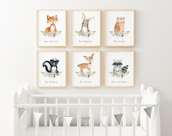 Woodland Nursery Wall Art PRINTED Set of 6 woodland nursery pastel art Woodland bear Nursery floral Art print Forest Nursery Print K1-A6