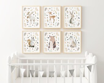 Cuadro decorativo de animales del bosque para habitación infantil, acuarela, sala de juegos con animales del bosque, habitación infantil neutra, habitación infantil con osito adorable, habitación infantil con temática de bosque XWDA1-A6