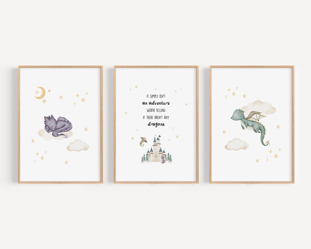 Fantasy Dragon Nursery Wall Art Storybook Baby Room Decor Watercolor ...