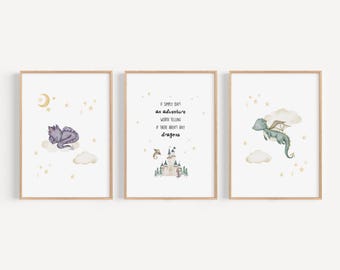 Fantasy Dragon Nursery Wall Art Storybook Baby Room Decor Watercolor Castle Prints Whimsical Playroom Art Magical Kids Room Decor GON2-A3