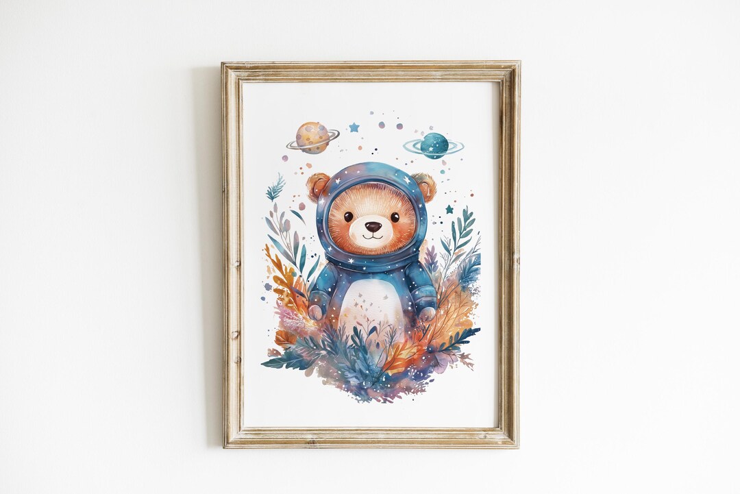 Outer Space Woodland Bear Astronaut Nursery Wall Art Space Galaxy ...