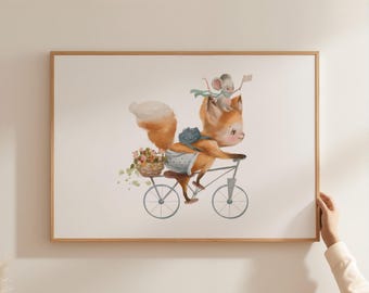 Whimsical Woodland Nursery Wall Art Fox and Mouse Print Pastel Playroom Decor Kids Room Illustration Woodland Animal Art Print BBB9-A1