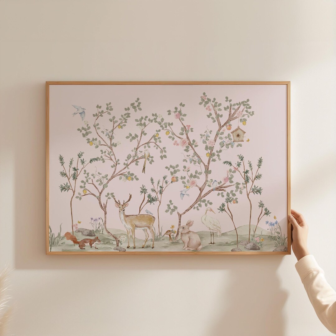 Woodland Animal Nursery Wall Art Deer Bunny Squirrel Soft Pink ...
