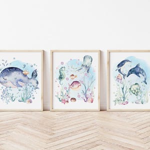 Under the Sea Ocean Art Prints PRINTED Set of 3 Ocean art prints printed on high quality art paper perfect for your ocean nursery! U02 image 1
