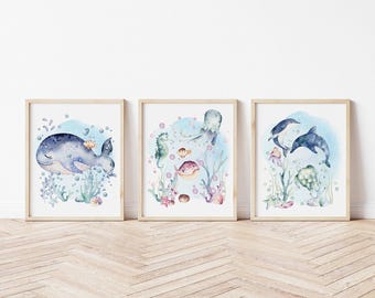 Under the Sea Ocean Art Prints PRINTED Set of 3 Ocean art prints printed on high quality art paper perfect for your ocean nursery! U02