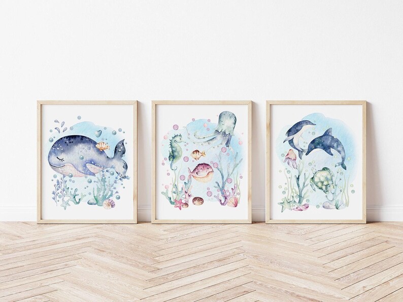Under the Sea Ocean Art Prints PRINTED Set of 3 Ocean art prints printed on high quality art paper perfect for your ocean nursery! U02 image 1