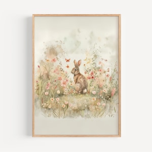 Impresión artística con diseño de conejito floral para guardería, impresión artística con diseño de conejo, arte floral, conejito rosa para guardería, acuarela impresa en papel de alto archivo KR14-A1