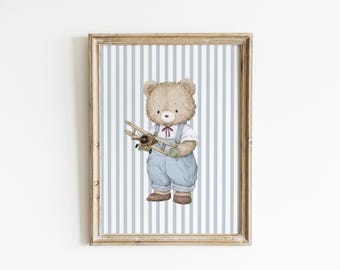 Arte de pared infantil con osito de peluche, avión de juguete con estampado de rayas azules para habitación de bebé niño, oso de aviación, habitación infantil, aventura, arte de pared infantil para niño XTDY7-A1