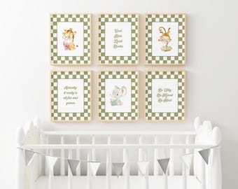 Cuadro decorativo para niños con temática de lectura infantil: estampado de animales de safari, tablero de ajedrez verde salvia, rincón de lectura para niños, sala de juegos, arte XCRE6-A6