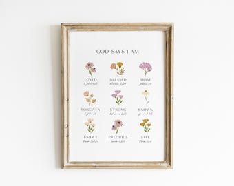 Dieu dit que je suis, fleurs sauvages, impression de versets bibliques, décoration de chambre d'enfant chrétienne, écriture botanique, art, chambre de fille, affirmations foi, HOS10-A1