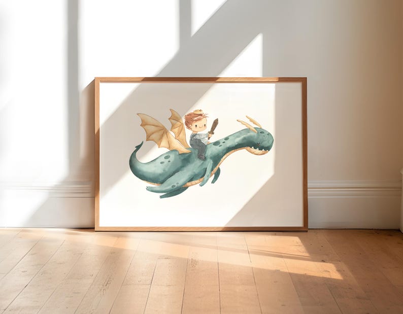 Watercolor Dragon Nursery Wall Art Dragon Boys Room Decor Soft Blue ...