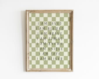 Cuadro decorativo personalizado verde salvia para habitación infantil, decoración tranquila para la habitación del bebé, letrero personalizado con el nombre del bebé, estampado de afirmaciones a cuadros oliva, decoración bohemia XAMC3-A1