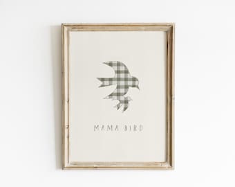 Mama Bird Sage Green Nursery Wall Art Gingham Swallow Print Farmhouse Mother Baby Bird Decor Neutral Baby Room New Mom Gift MB2