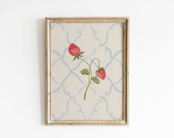Strawberry Nursery Wall Art Vintage Fruit Botanical Print Soft Blue Cottagecore Girl Room Grandmillennial Baby Bedroom Wall Art XVBP5-A1
