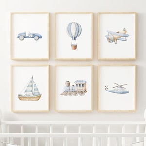 Vehicle art print set Boy car plane train boat hot air balloon Printed and shipped Watercolor print set high archival paper Set of 6 BWT1-A6