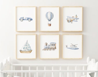 Vehicle art print set Boy car plane train boat hot air balloon Printed and shipped Watercolor print set high archival paper Set of 6 BWT1-A6