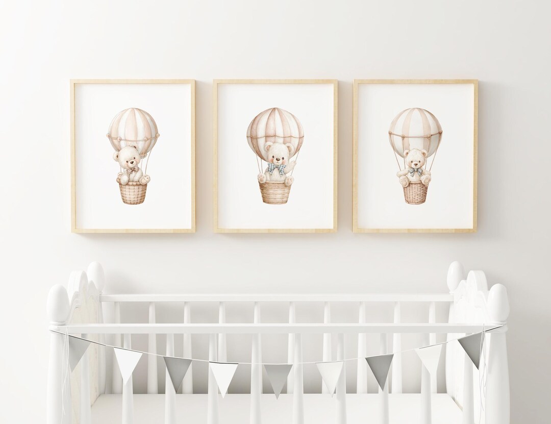 Teddy Bear Hot Air Balloon Nursery Wall Art Set of 3 Kids Room Decor ...