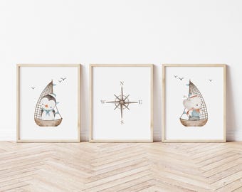 Nursery Sailboat Art Print,  Boy Nursery Sailboat Art Print, Coastal Decor, Beach Decor, Nautical Decor Nursery print Set of 3 LS1-A3