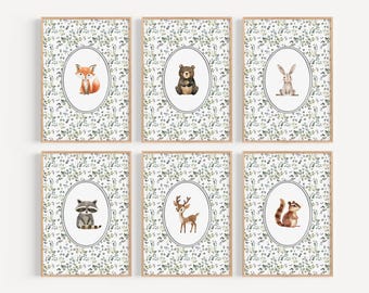 Botanical Woodland Animal Nursery Wall Art Sage Green Nursery Forest Animal Playroom Bunny Nursery Bear Print Woodland Baby Room WOD1-A6