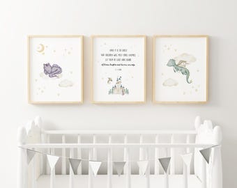 Dragon Storybook Nursery Wall Art Watercolor Dragon Prints Magical Castle Baby Room CS Lewis Quote Fantasy Kids Playroom Whimsical GON1-A3