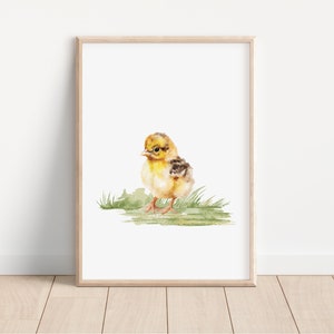 May include: A watercolor painting of a yellow chick with brown markings standing on a bed of green grass.