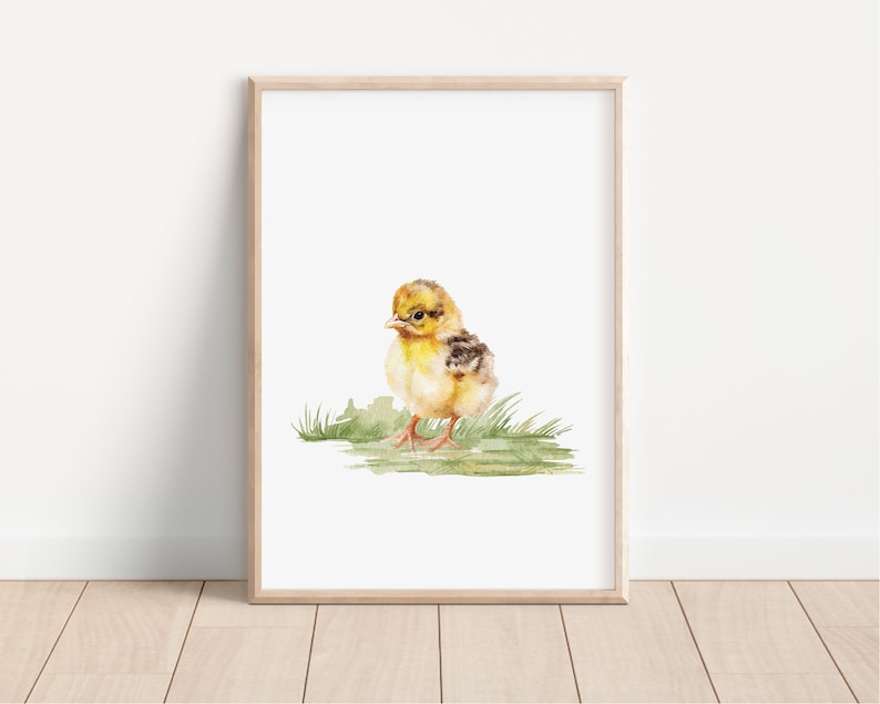 May include: A watercolor painting of a yellow chick with brown markings standing on a bed of green grass.