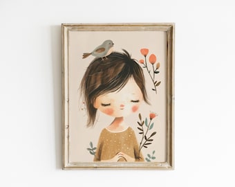 Girl Nursery Wall Art Whimsical Children’s Room Decor Bird Illustration Floral Cottagecore Artwork Earth Tone Girls Room Wall Art VOL2-A1