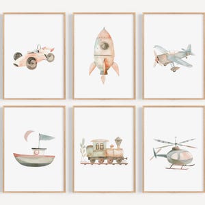 May include: Six framed watercolor prints featuring transportation vehicles. The collection includes a race car, rocket, airplane, sailboat, train, and helicopter. Each print has a white background and a wooden frame, perfect for a nursery or child's room.