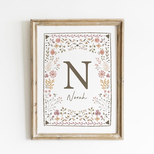 Personalized Nursery Wall Art Custom Initial Print Neutral Floral Baby Room Decor Boho Nursery Art Whimsical Earth Tone Art Floral LBB9-A1