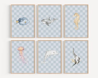 Ocean Animal Nursery Wall Art Soft Blue Checkerboard Watercolor Sea Creature Print Dolphin Orca Kids Room Nautical Playroom Art PEO14-A6