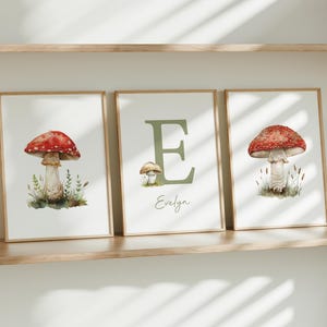 Personalized Mushroom Nursery mushroom art print woodland nursery sage green nursery woodland print whimsical nursery art Set of 3 NF10-A3