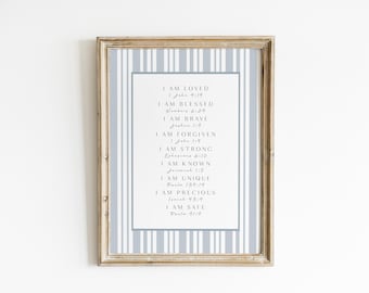 I Am Loved I Am Blessed Nursery Wall Art Christian Affirmations Soft Blue Vintage Stripe Nursery Christian Kids Room Wall Art XIAM1-A1