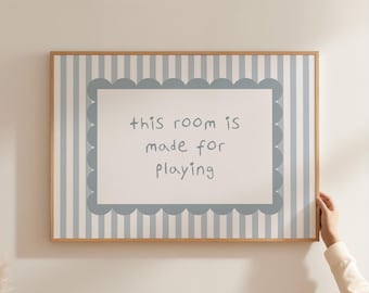 Soft Blue Playroom Art This Room is Made for Playing Print Retro Kids Room Striped Nursery Scalloped Toddler Art Vintage Playroom SST3-A1