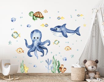 Ocean Nursery Wall Decals Sea Creature Stickers Underwater Theme Baby Room Decor Playroom Wall Stickers Marine Animals Art Whale Art PJ4