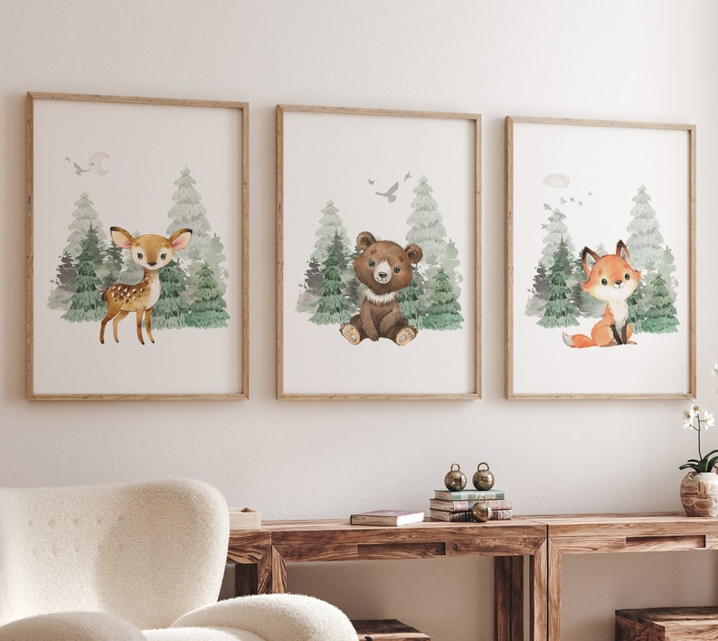 Woodland Nursery kunst aan de muur GEDRUKT VERSIE, Bear Wall art, Forest kwekerij Kwekerij Prints Aquarel Woodland W04 afbeelding 1