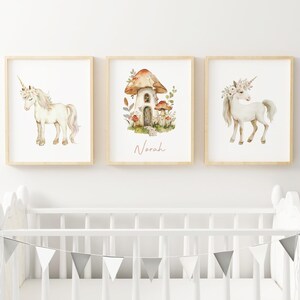 Personalized Whimsical Unicorn Nursery print woodland boho nursery mushroom art Printed and shipped on high archival paper Set of 3 MU2-A3