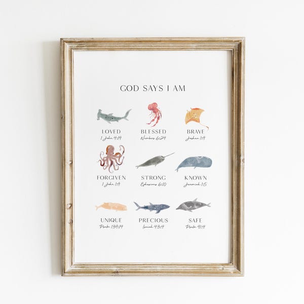 Watercolor Ocean Animal Nursery God Says I Am Wall Art Christian Nursery Decor Sea Creature Affirmations Art Bible Verse Print XGSI6-A1