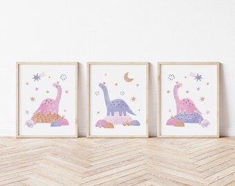 Pink Dinosaur Printed art print, Purple Dinosaur Printed and shipped Watercolor Dino Girl Art printed on high archival paper Set of 3 PD4-A3
