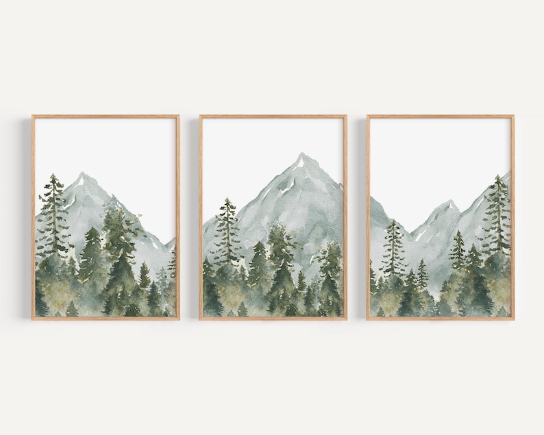 Art mural pépinière bois version imprimée, art mural montagne, décoration de chambre d'enfant pépinière de forêt - impressions de chambre d'enfant aquarelle bois - WL2 image 1