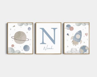 Outer Space Personalized Print Set of 3 moon rocket space prints. Nursery space prints custom nursery prints space art decor Printed BM1-A3