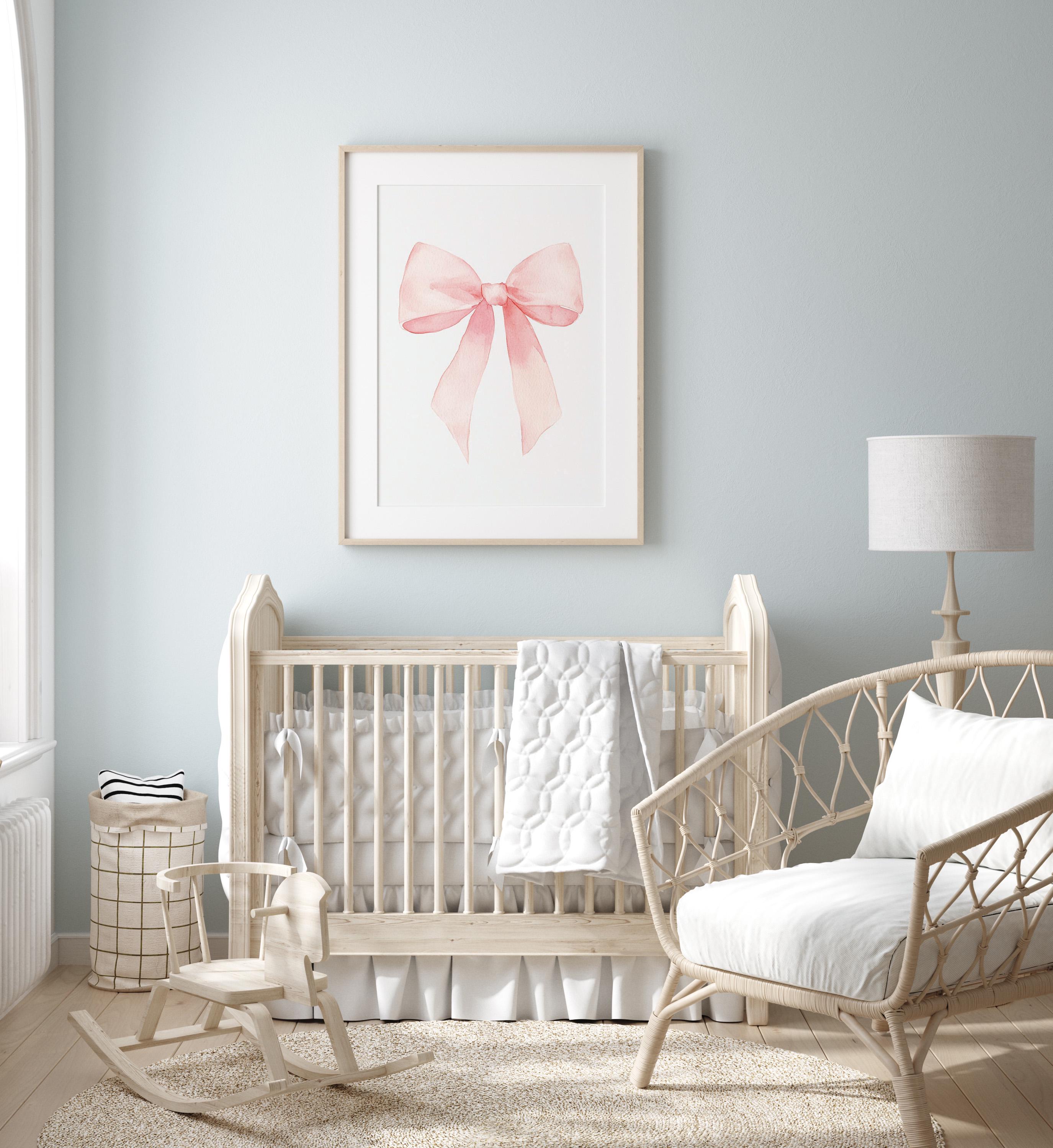 Pink Bow Wall Art Print Watercolor Ribbon Painting Girl Nursery Blush ...
