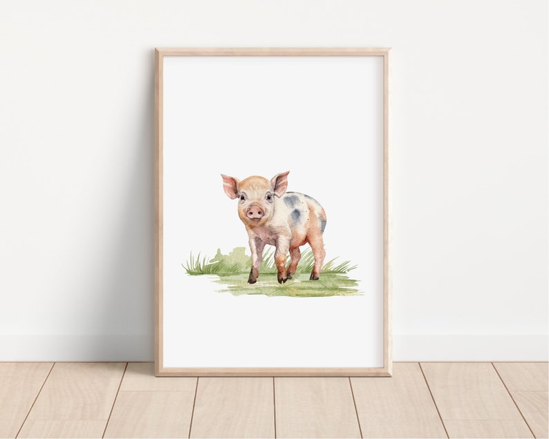 May include: A watercolor painting of a pink and white piglet standing in a patch of green grass. The piglet has black spots and is looking directly at the viewer.